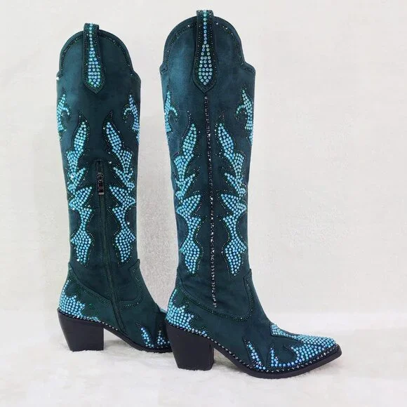 Sparks Country Western Cowgirl Knee Boots Dazzleing Iridescent Rhinestones Green